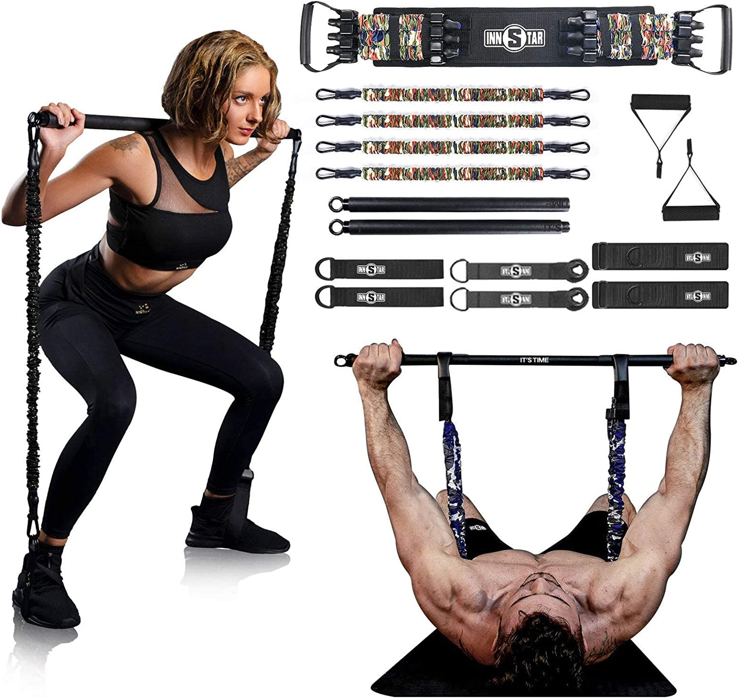 INNSTAR Resistance Bands Bar Exercise Bands Attachment 38" Black Max Load 800Lb for Home Gym Workout Full Body Workout Power Lifting Fitness Bar