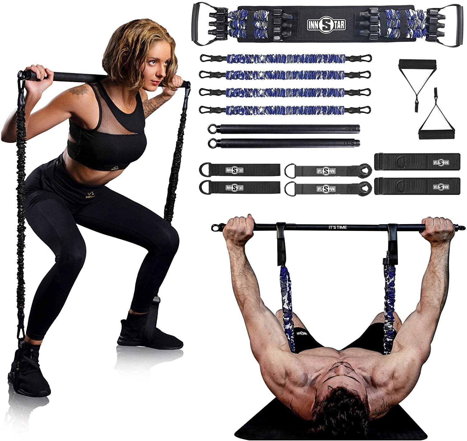 INNSTAR Resistance Bands Bar Exercise Bands Attachment 38" Black Max Load 800Lb for Home Gym Workout Full Body Workout Power Lifting Fitness Bar