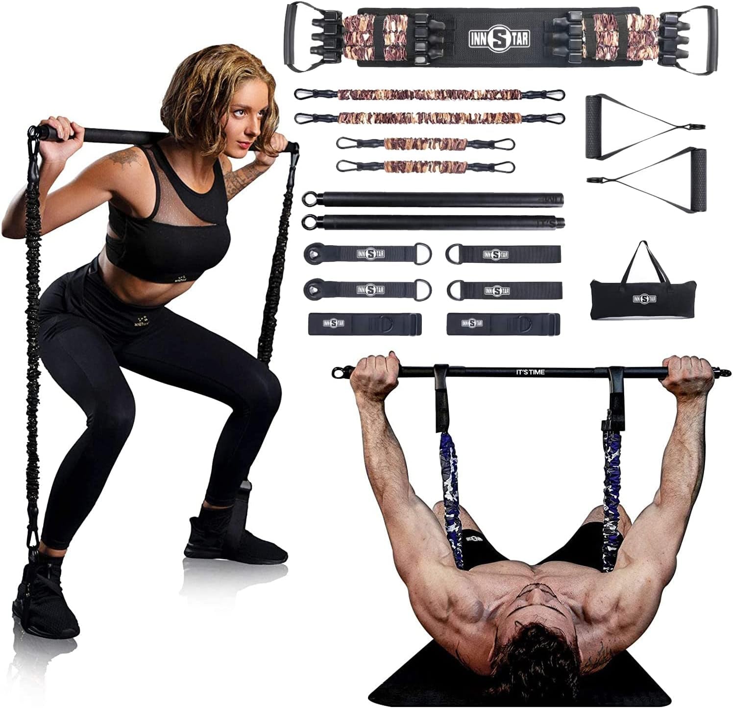 INNSTAR Resistance Bands Bar Exercise Bands Attachment 38" Black Max Load 800Lb for Home Gym Workout Full Body Workout Power Lifting Fitness Bar