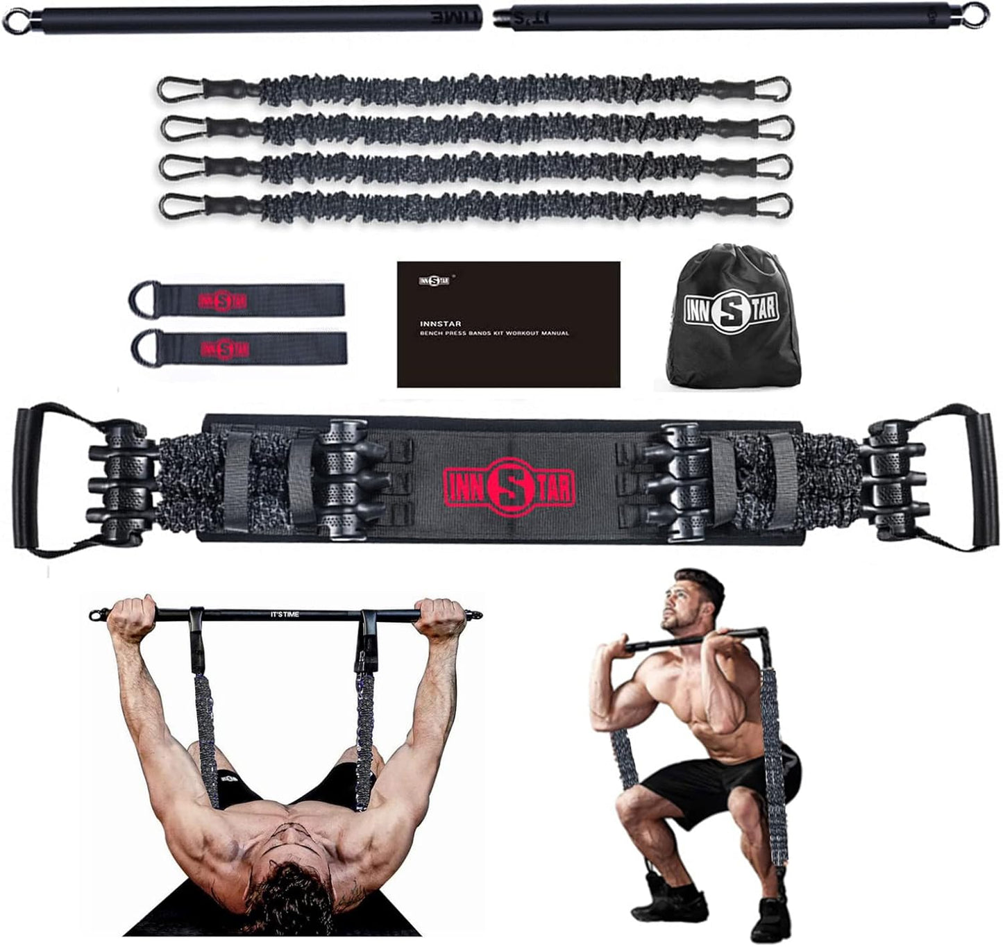 INNSTAR Resistance Bands Bar Exercise Bands Attachment 38" Black Max Load 800Lb for Home Gym Workout Full Body Workout Power Lifting Fitness Bar