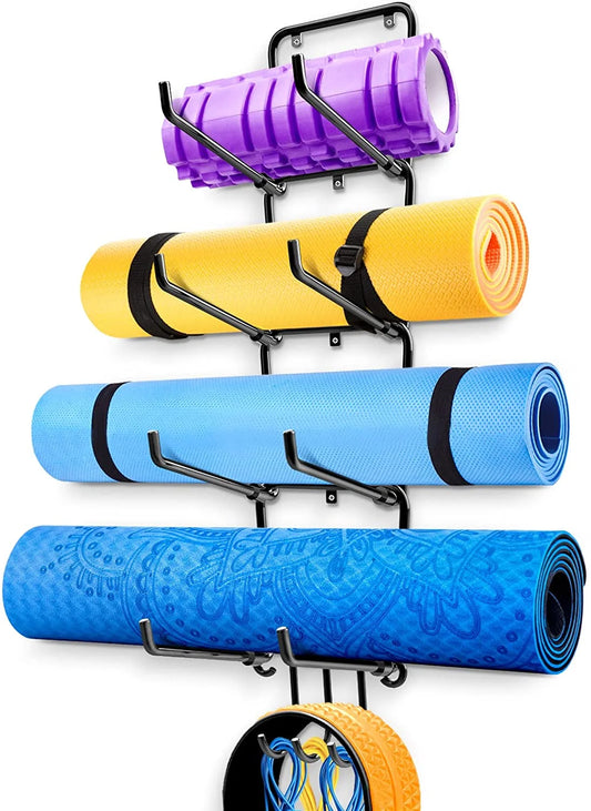 UALAU Yoga Mat Holder Wall Mount, Foam Roller Rack with 3 Hooks, 4 Sectional Metal Yoga Mat Storage